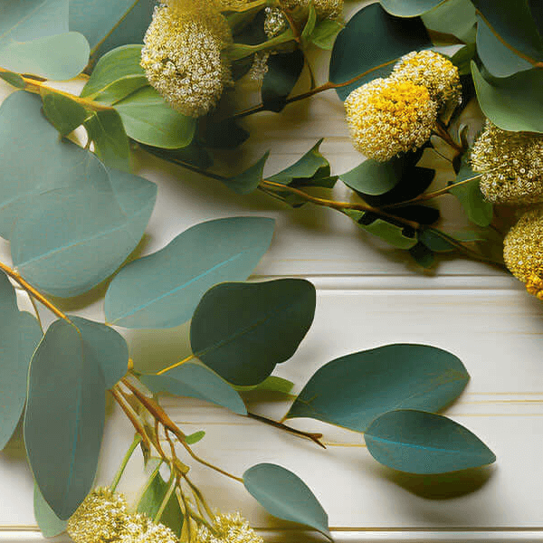 Green eucalyptus leaves and yellow lemon eucalyptus flowers on a light wooden surface