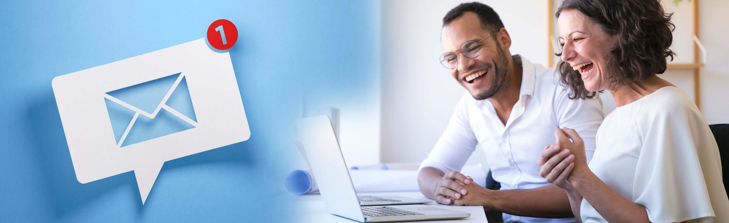 People sat at a computer with a mail symbol on the left