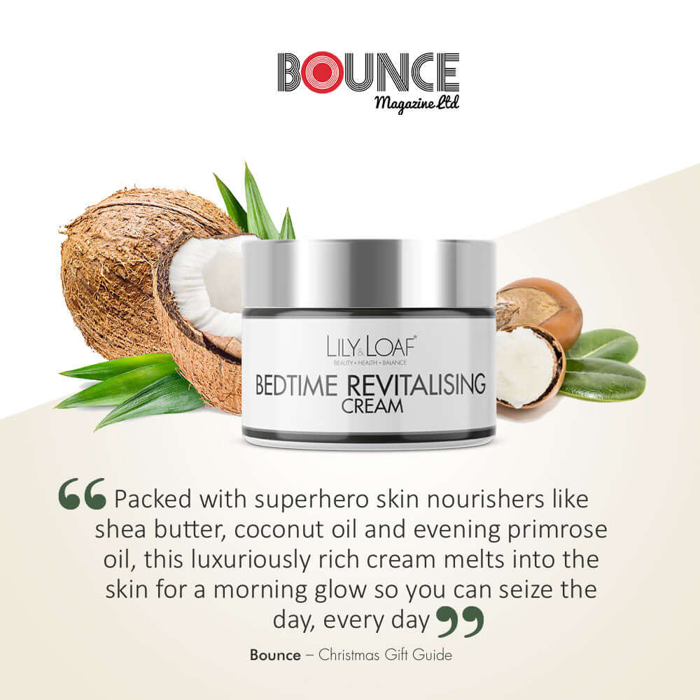 Lily & Loaf Bedtime Revitalising Cream with Bounce magazine logo and extract of text from article