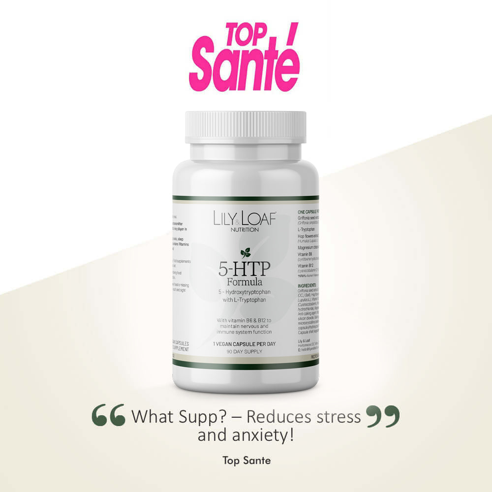 Lily & Loaf's 5-HTP supplement bottles as seen in Top Santé, for stress relief and improved mood.