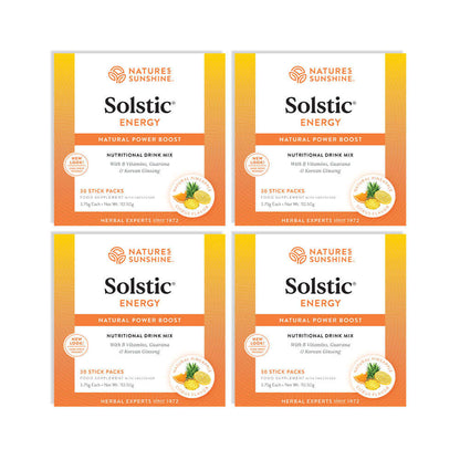 4-pack of Solstic Energy nutritional drink mix by Nature’s Sunshine, featuring natural pineapple and citrus flavour boxes with orange branding.