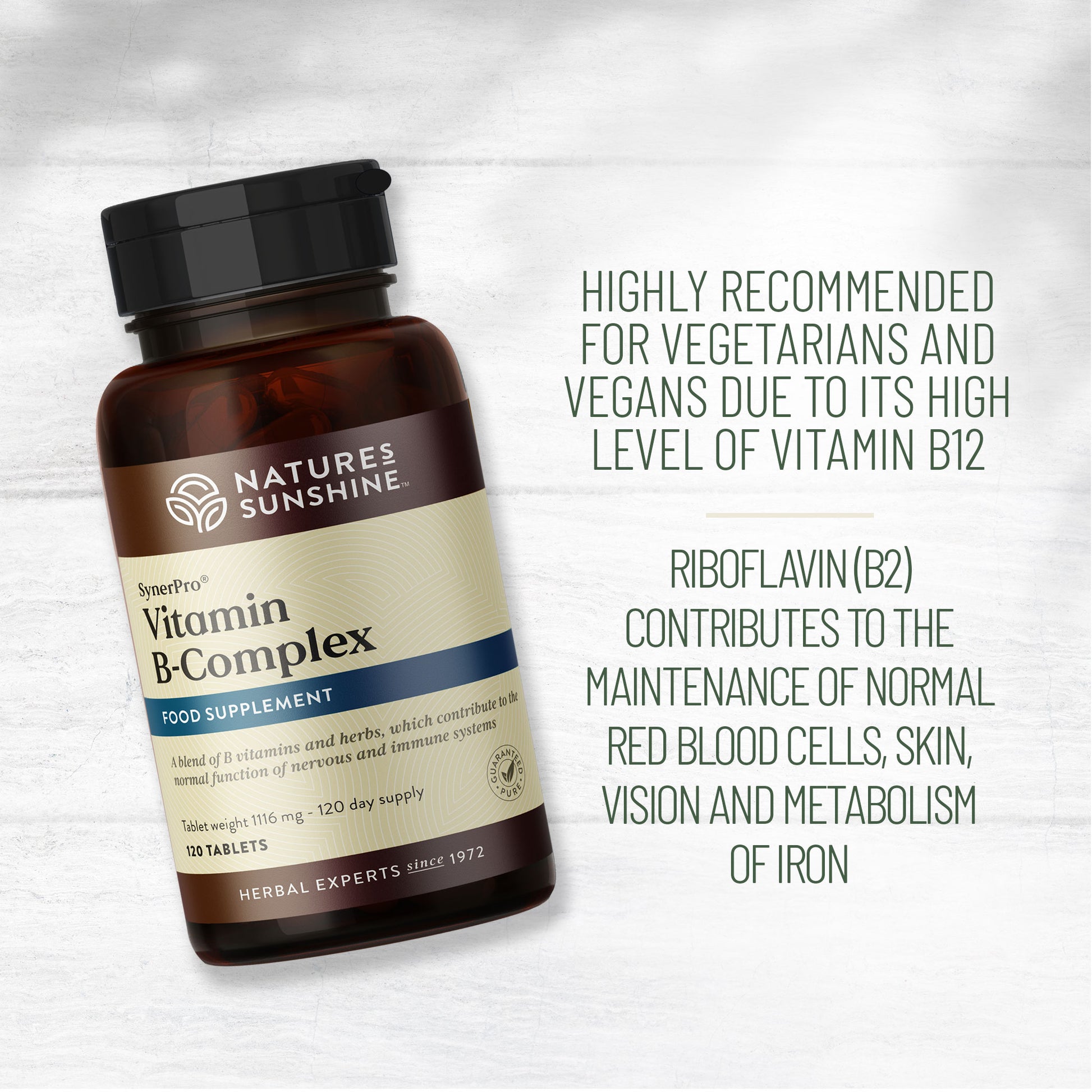 Bottle of Nature's Sunshine Vitamin B Complex - key bullet points