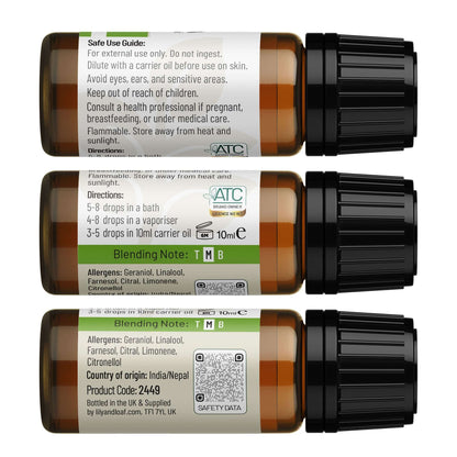 Lily & Loaf Palmarosa Essential Oil Label with directions and safe use guide