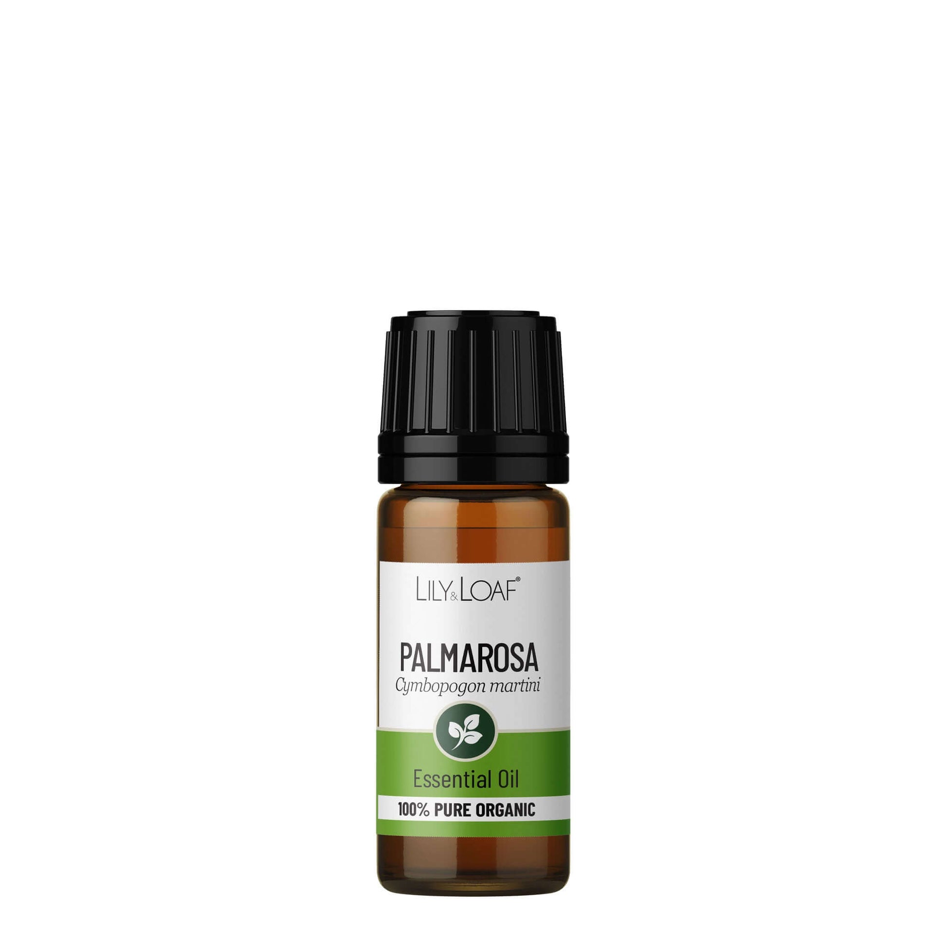 Lily & Loaf Palmarosa essential oil bottle on a white background