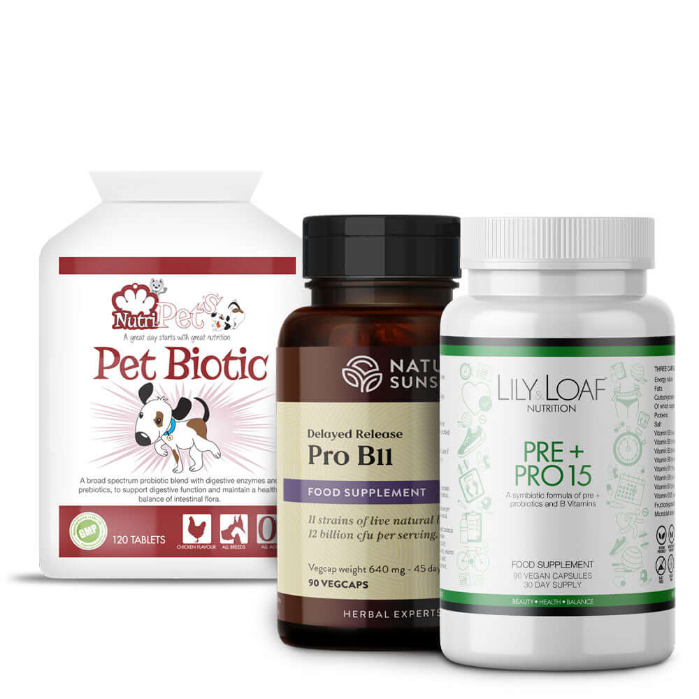 Nutri-Pets Pet biotic, Nature's Sunshine Pro B11 and Lily & Loaf Pre +Pro 15 Pro-biotic supplements