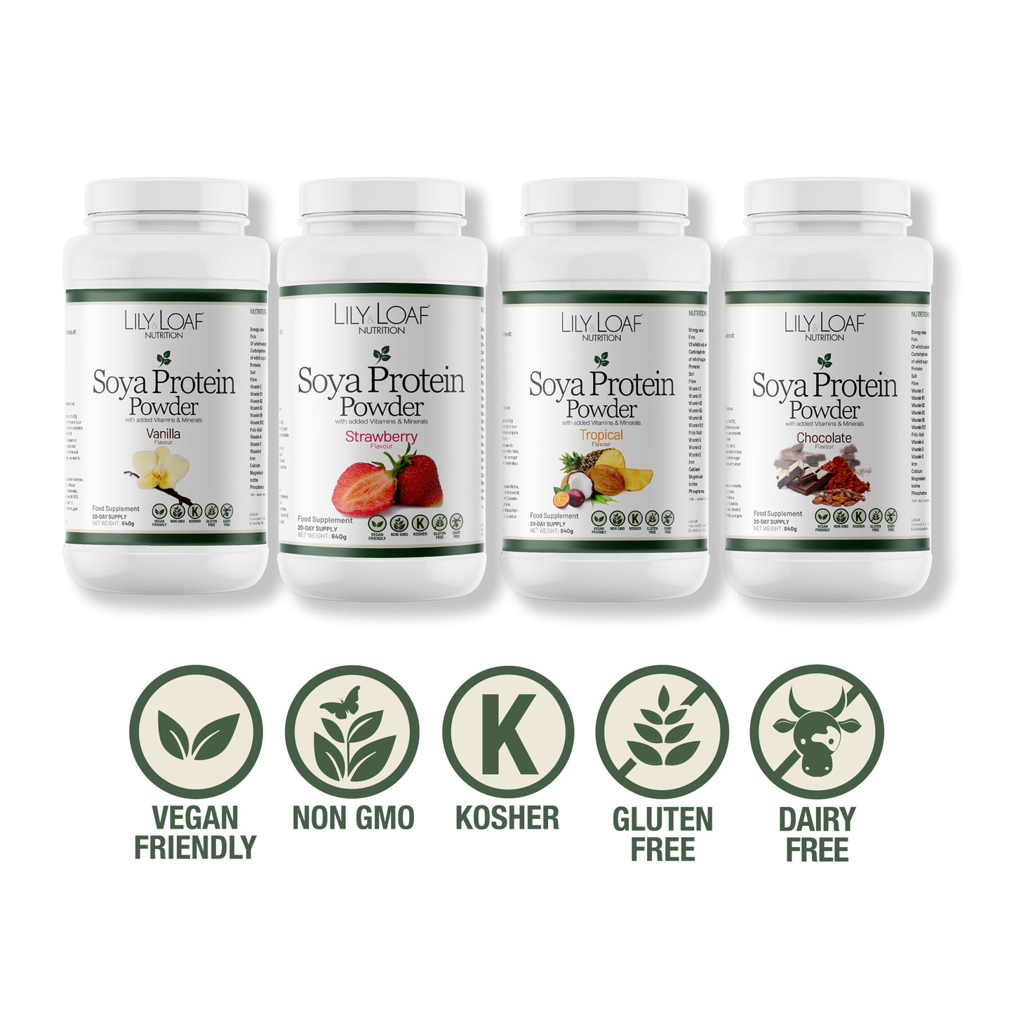 Lily & Loaf Soya Protein Powders in Vanilla, Strawberry, Tropical, and Chocolate flavours, all vegan, non-GMO, kosher, gluten and dairy free.