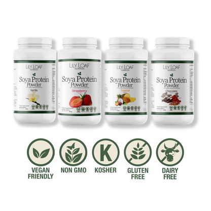 Lily & Loaf Soya Protein Powders in Vanilla, Strawberry, Tropical, and Chocolate flavours, all vegan, non-GMO, kosher, gluten and dairy free.