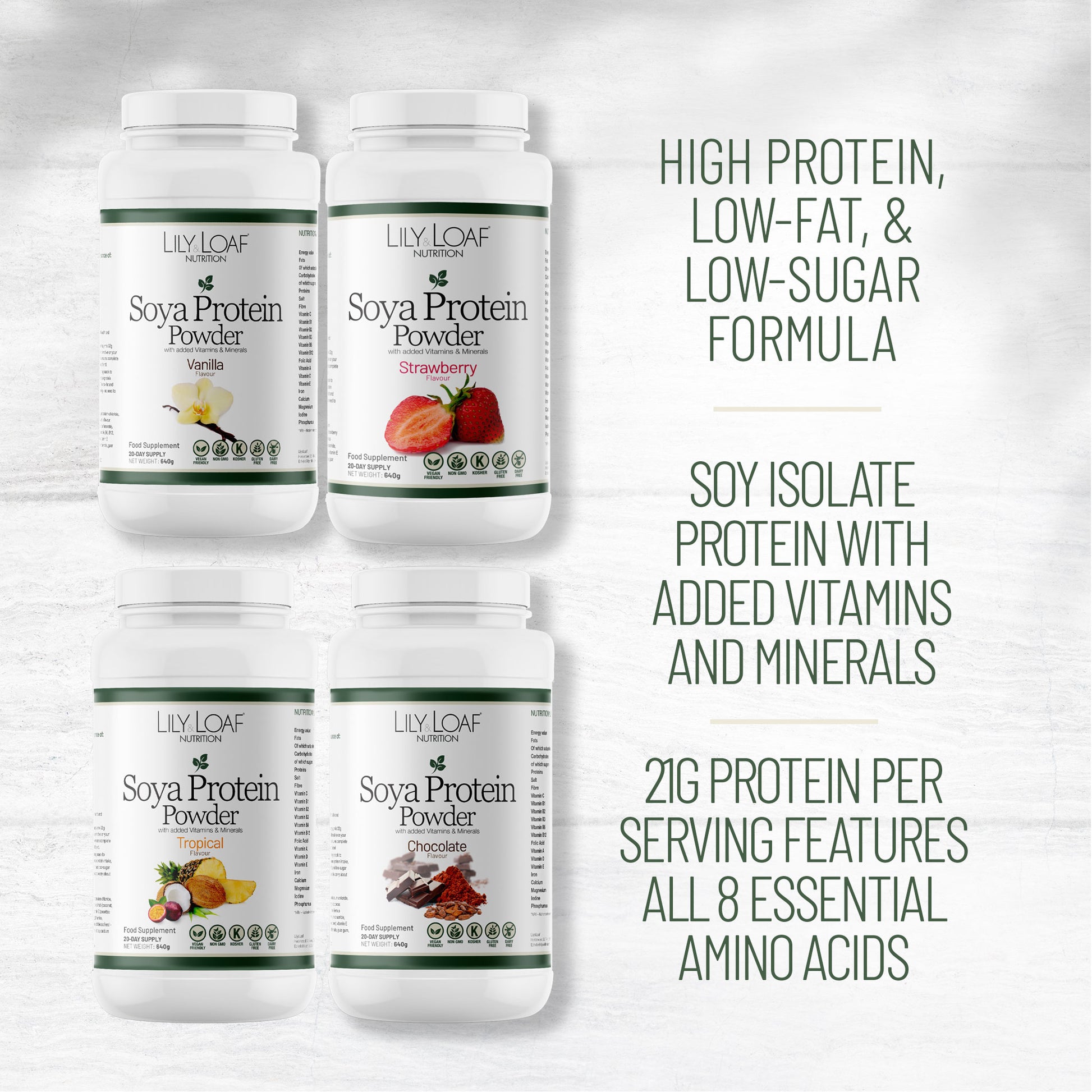 Lily & Loaf Soya Protein Powders in four flavours, highlighting high-protein, low-fat, low-sugar formula with added vitamins, minerals, and all 8 essential amino acids.