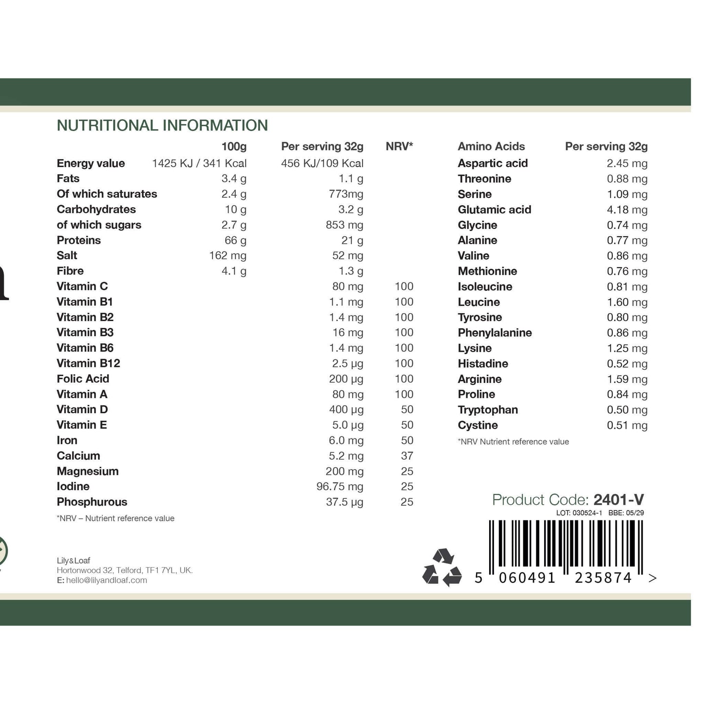 Nutritional label for Lily & Loaf Vanilla Soya Protein Powder showing per 100g and per 32g serving values, including protein, amino acids, vitamins, and minerals.