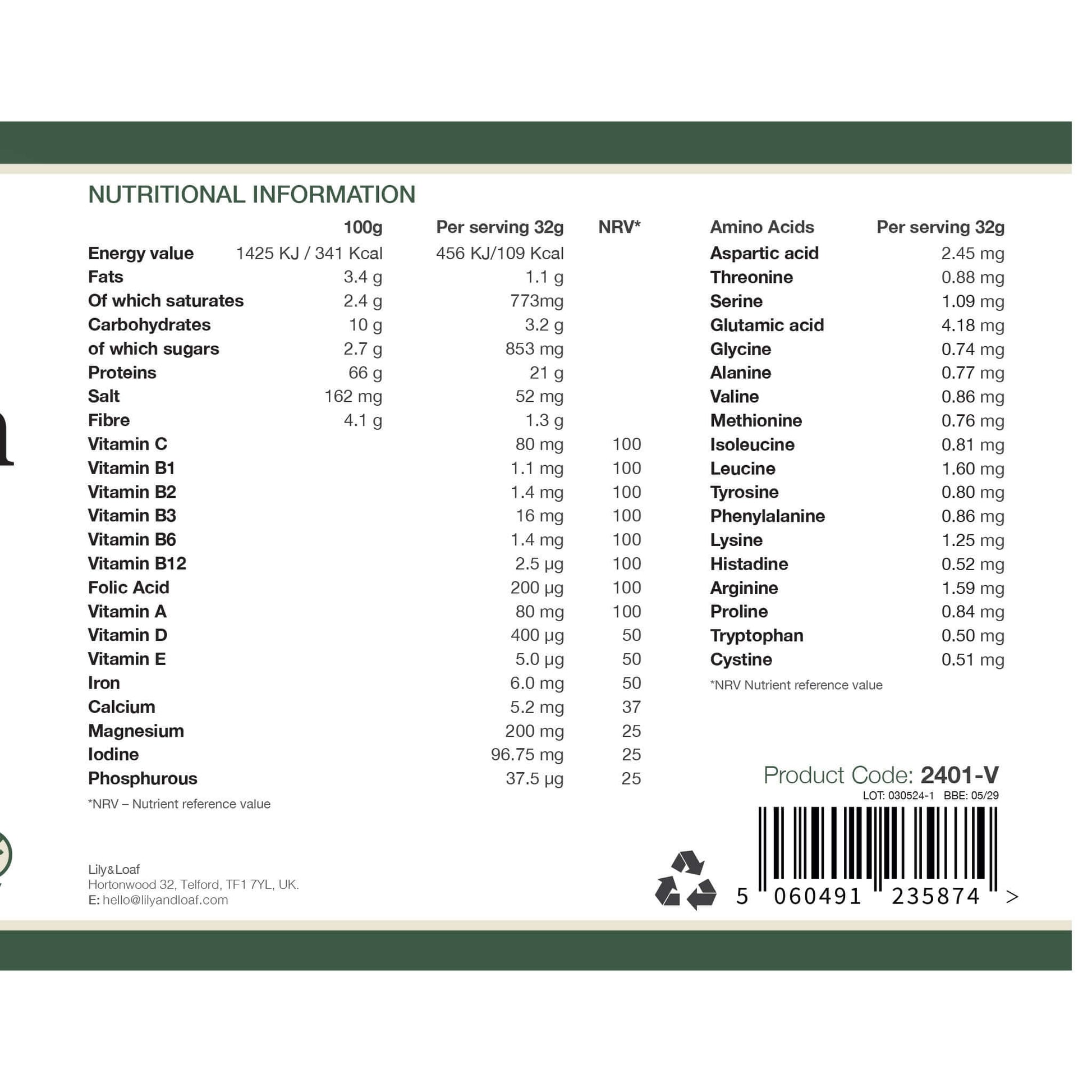 Nutritional label for Lily & Loaf Vanilla Soya Protein Powder showing per 100g and per 32g serving values, including protein, amino acids, vitamins, and minerals.