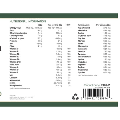 Nutritional label for Lily & Loaf Vanilla Soya Protein Powder showing per 100g and per 32g serving values, including protein, amino acids, vitamins, and minerals.