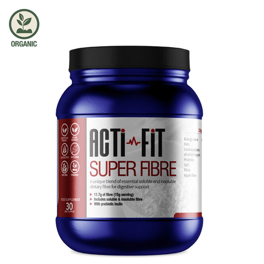 Blue container of Acti-Fit Super Fibre supplement, providing 11.7g of fiber per serving, 30-day supply, vegan and gluten-free, with prebiotic inulin.