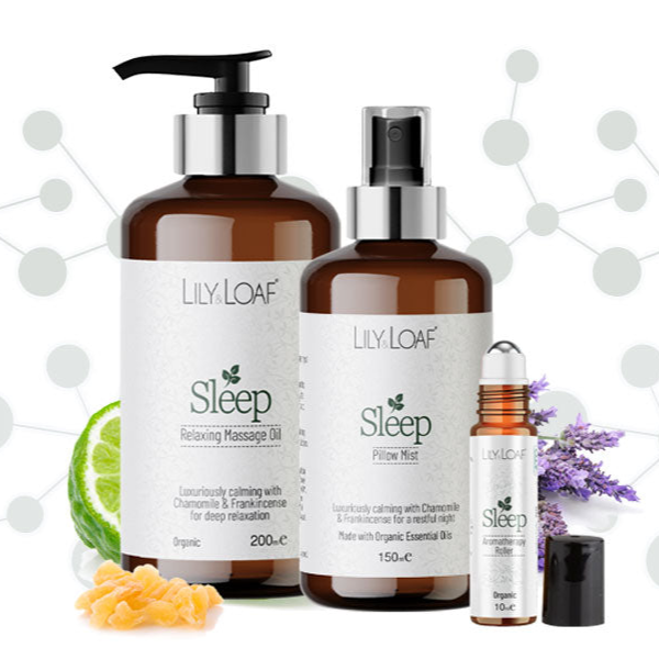 LILY & LOAF sleep product line including massage oil, pillow mist, and roller ball on a white background with decorative elements.