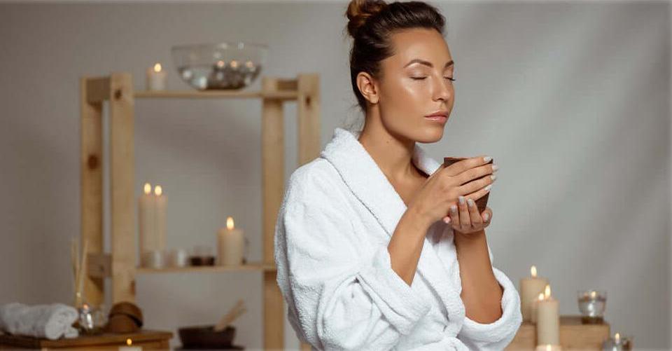 a woman in a white robe smelling a fragranced candle
