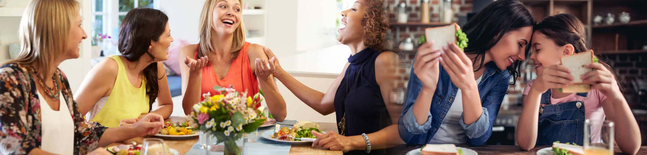Two scenes: group of women laughing over a meal, and mother and daughter smiling while holding sandwiches together