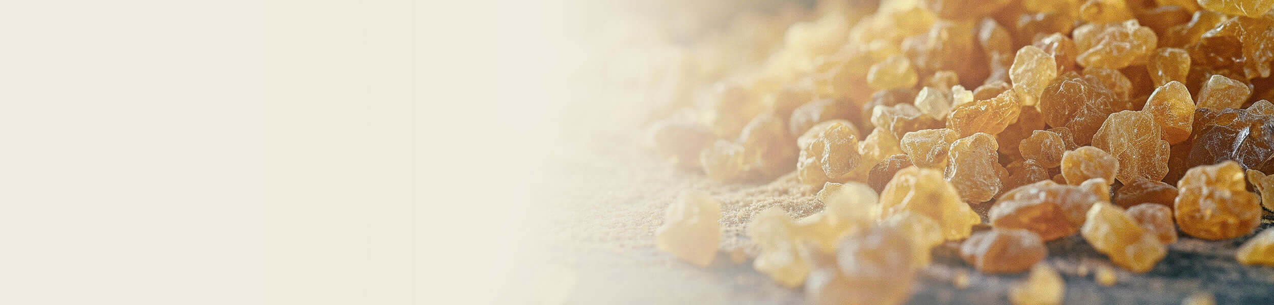 Golden-yellow Elemi resin crystals scattered on a rustic wooden surface, used in the production of Elemi essential oil.