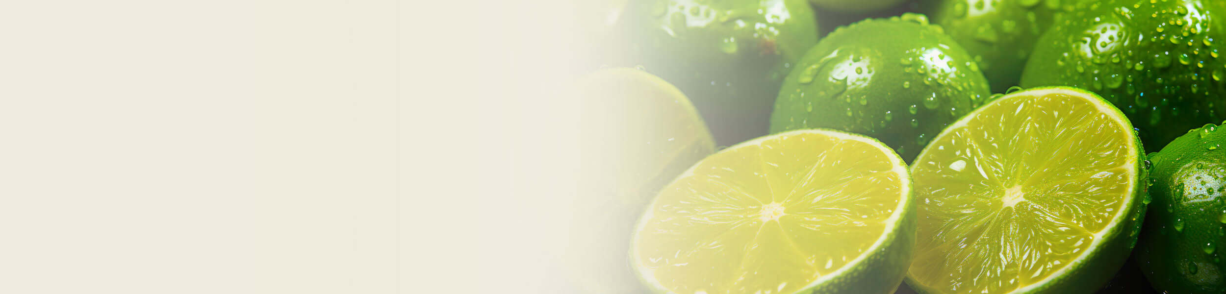 Fresh green limes with water droplets, some cut in half to reveal their juicy interior, used for Lime essential oil extraction.
