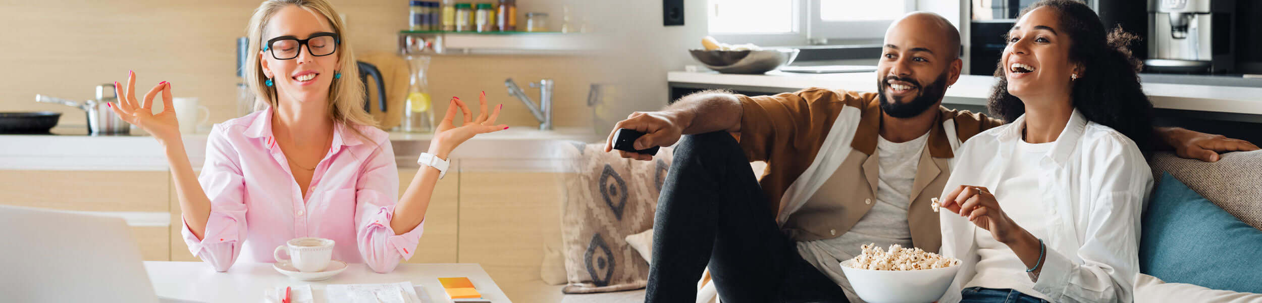 Split scene of woman meditating with coffee at a desk and a smiling couple on a sofa eating popcorn and watching TV