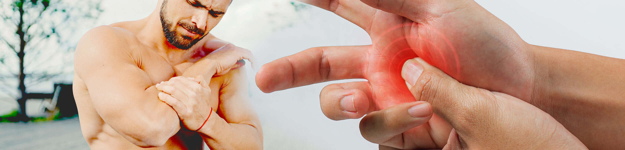 Man holding painful shoulder and close-up of hands with highlighted red area indicating joint pain