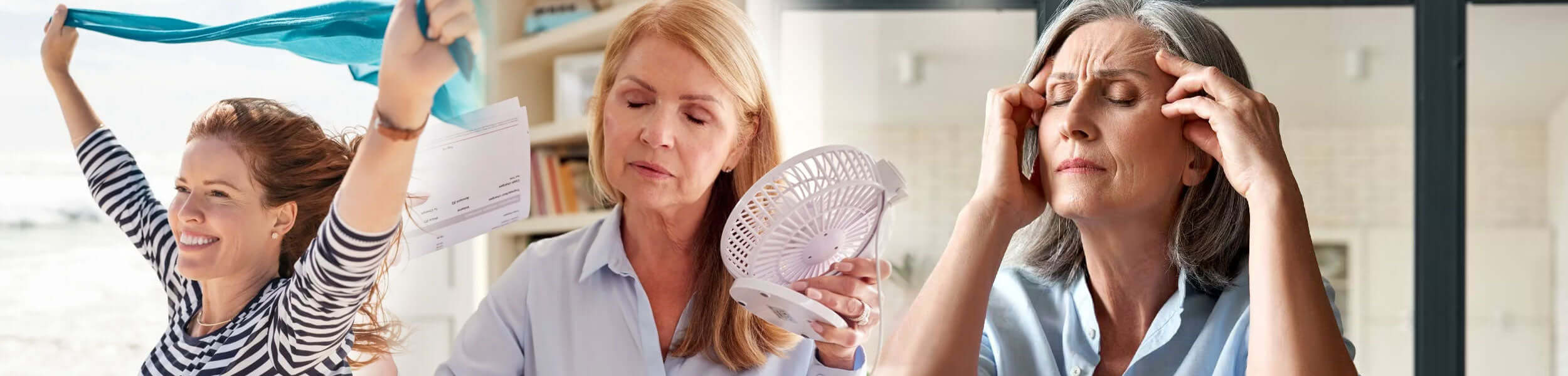 Three women showing menopause experiences: smiling with scarf, cooling with a fan, and holding head in discomfort