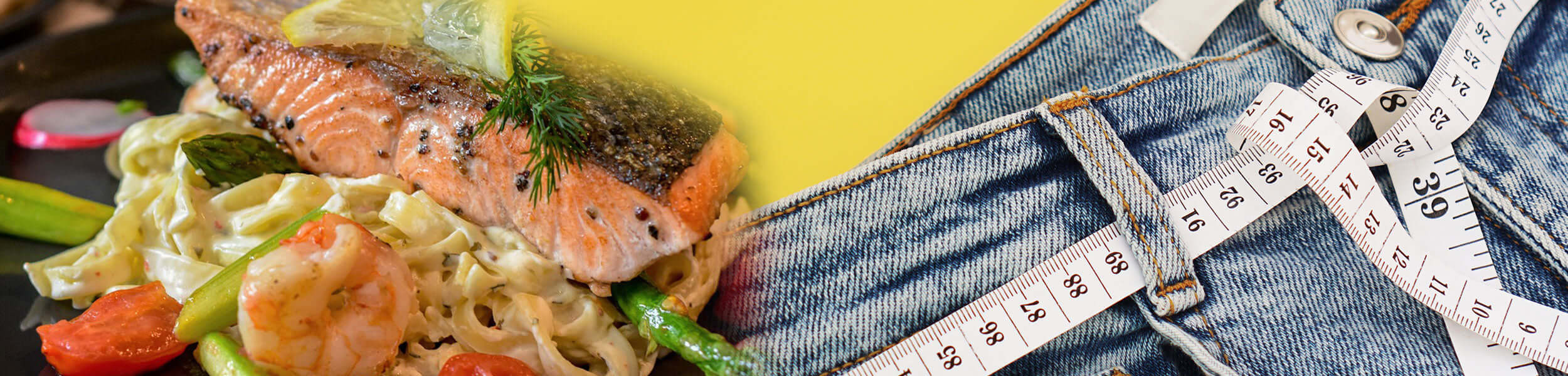 Close-up of salmon, prawns, and vegetables on pasta beside an image of jeans with a measuring tape