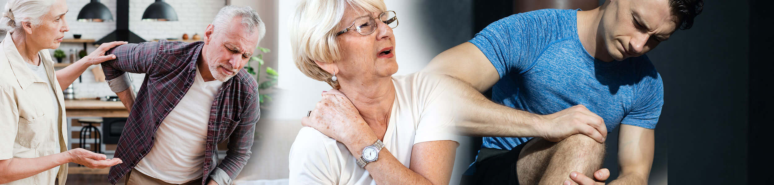 Three people with visible discomfort: man holding lower back, woman touching sore shoulder, and man gripping painful knee.