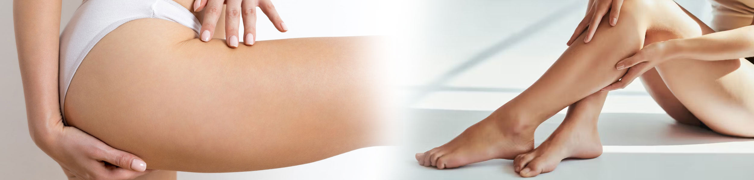 Close-up of a person's legs with smooth skin on a white background