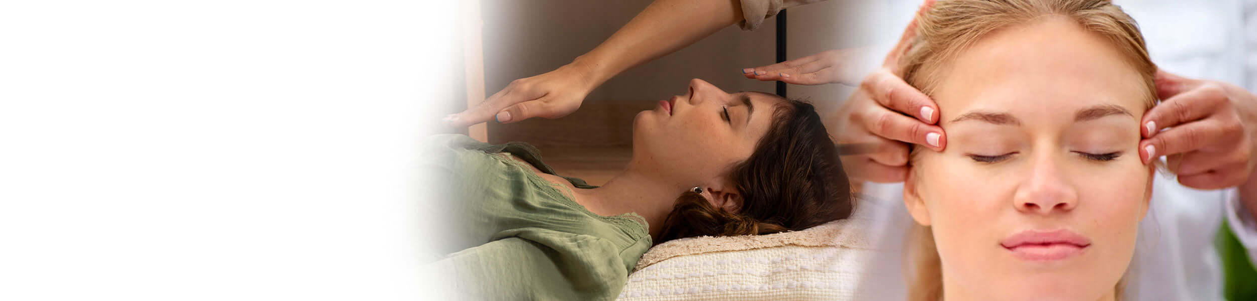 A holistic therapist performing energy healing and facial pressure point therapy.