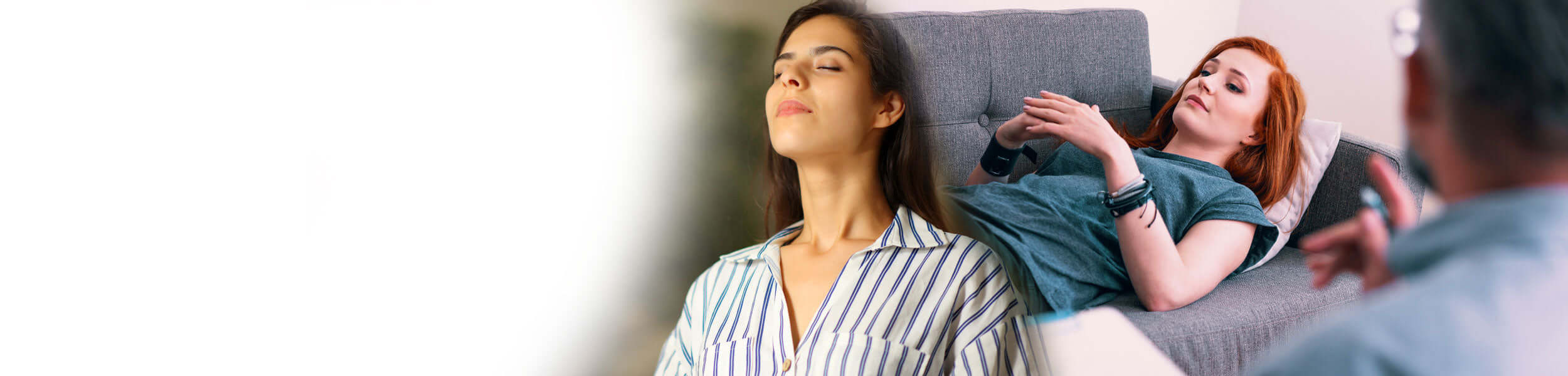 A woman in hypnosis session with a therapist and another practicing deep relaxation.