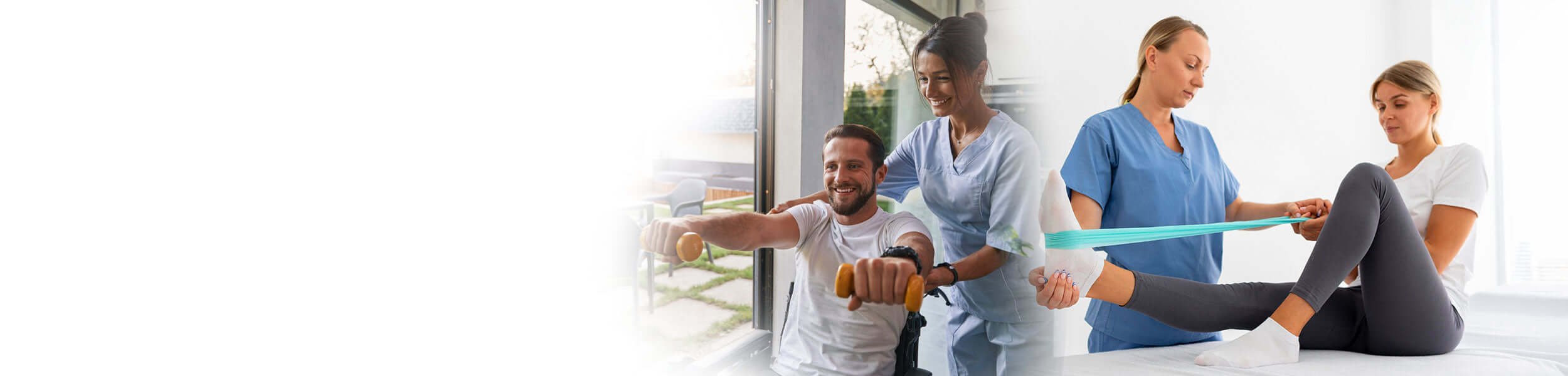 Physiotherapist assisting patients with rehabilitation exercises using resistance bands and weights.
