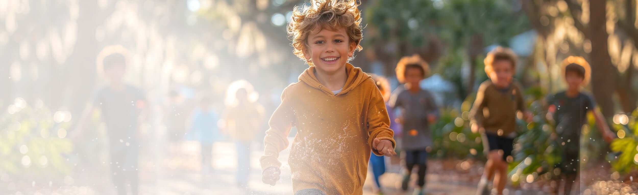 Children running and playing in a tree lined street.