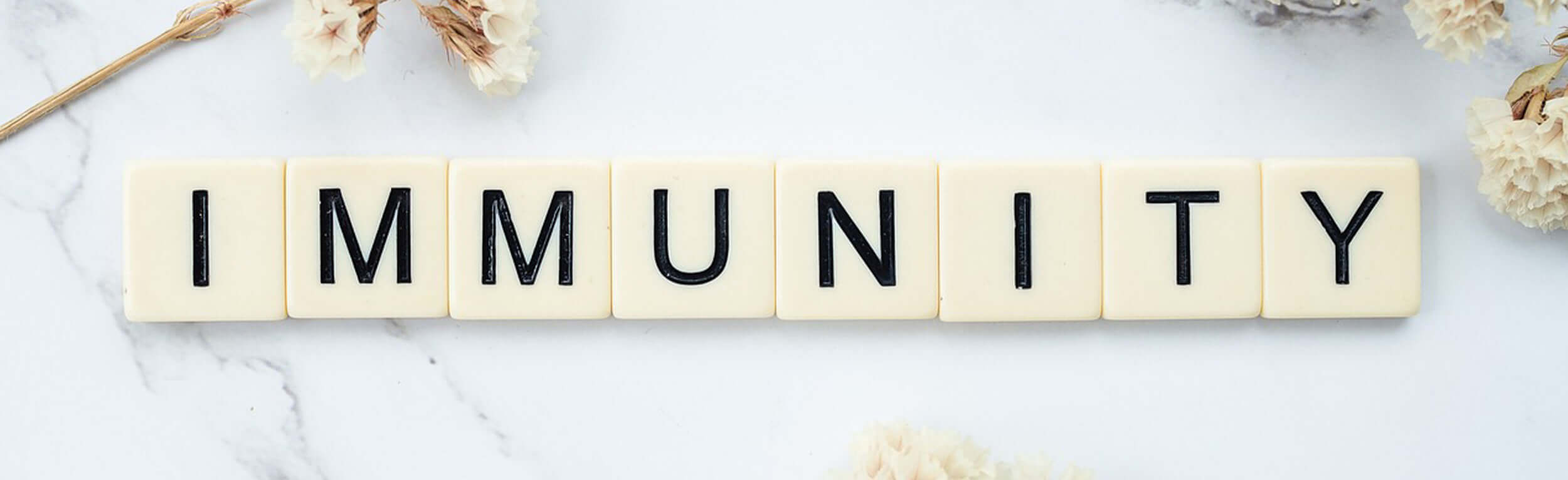 Scrabble tiles spelling out "immunity" on a marble surface