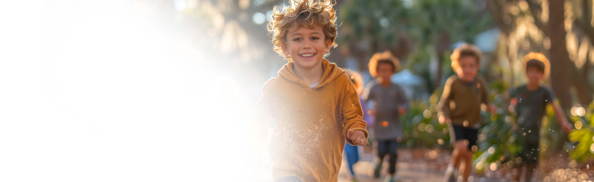 A group of young boys running through puddles on a sunny day