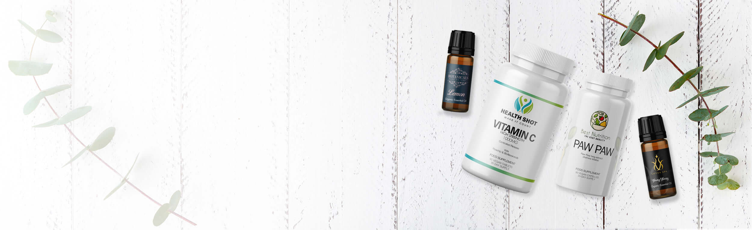A range of private label products surrounded by eucalyptus leaves
