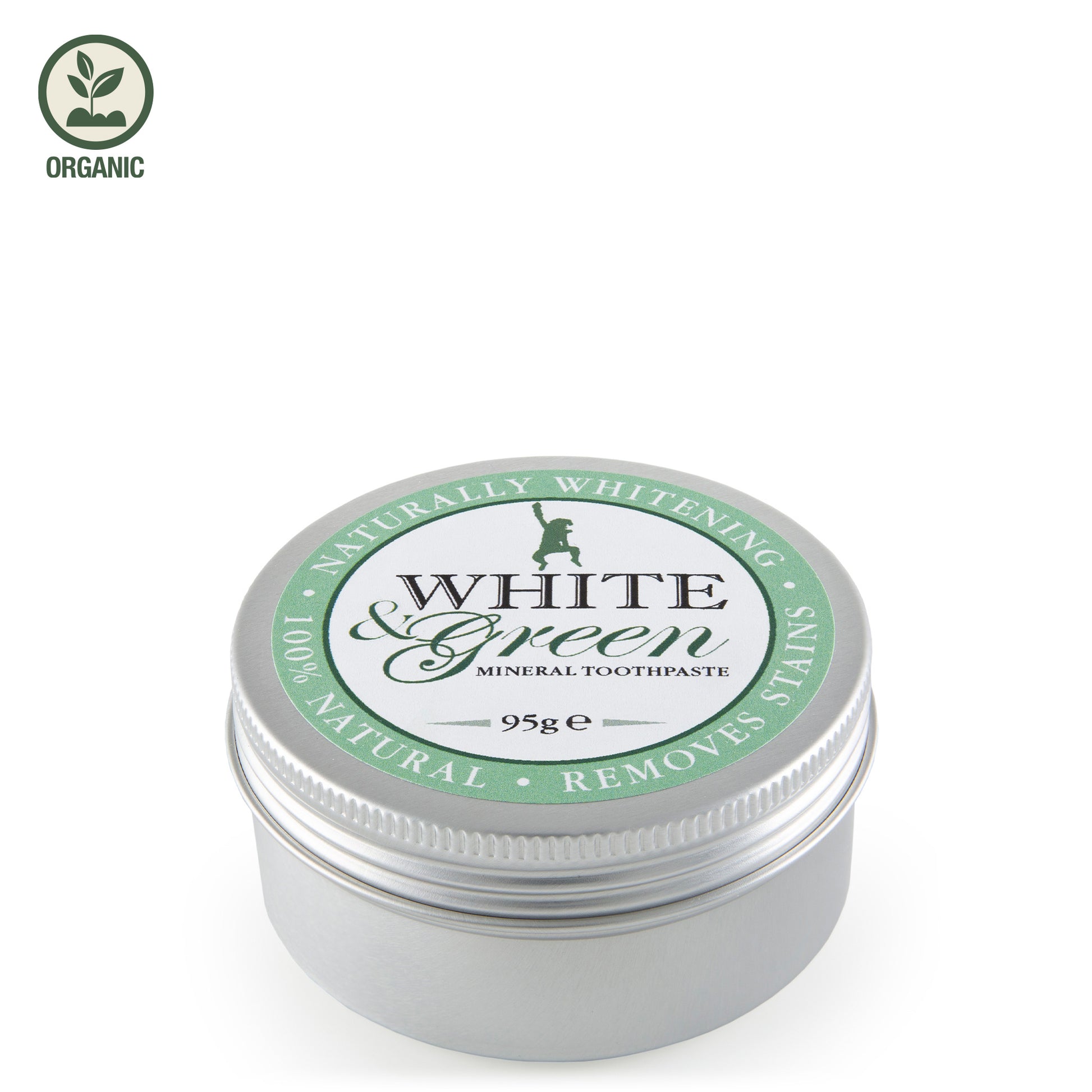White & Green mineral toothpaste jar on a white background