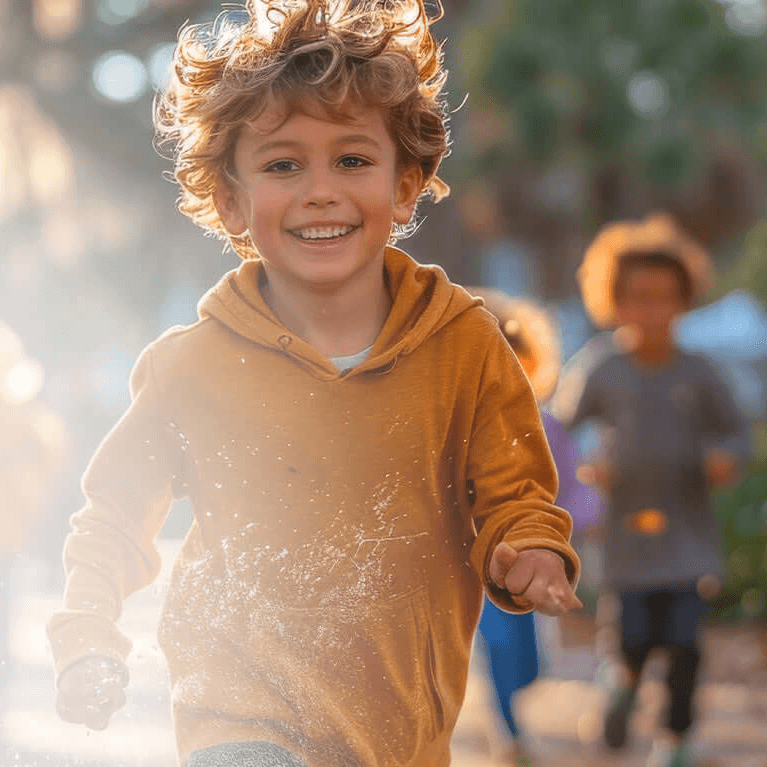 Smiling child running outdoors, symbolising the importance of balanced nutrition, physical activity, and mental well-being for children’s holistic development.