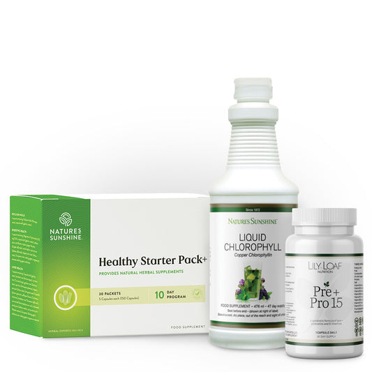 Lily & Loaf detox bundle with Liquid Chlorophyll, Pre + Pro15, and Healthy Starter Pack.