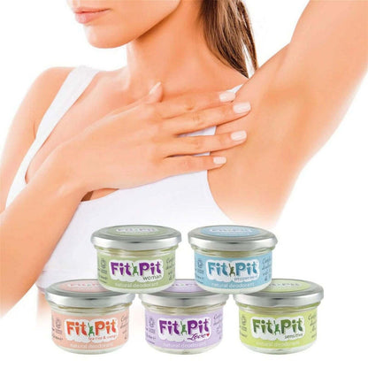 A woman showing her smooth underarms with the Fit Pit natural deodorant collection below