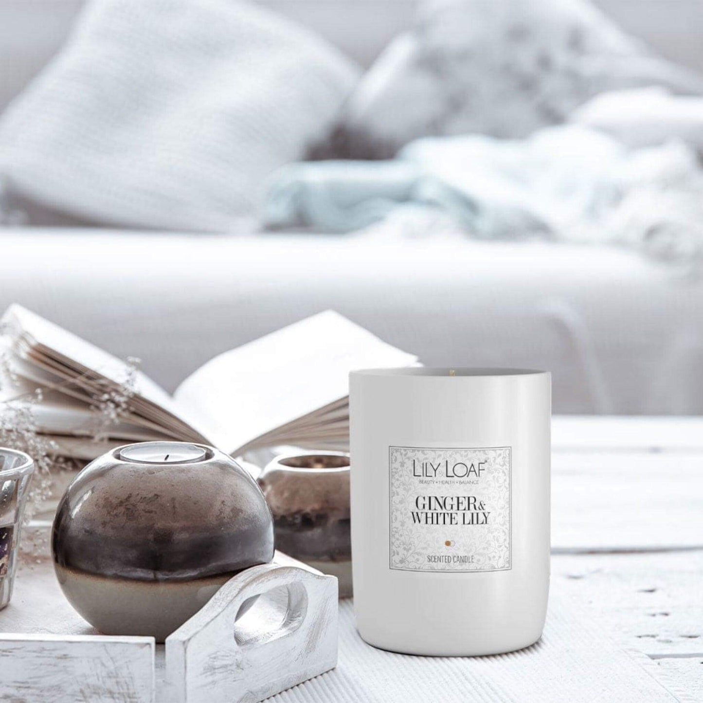 Ginger and White Lily Soy Wax Candle upon coffee table