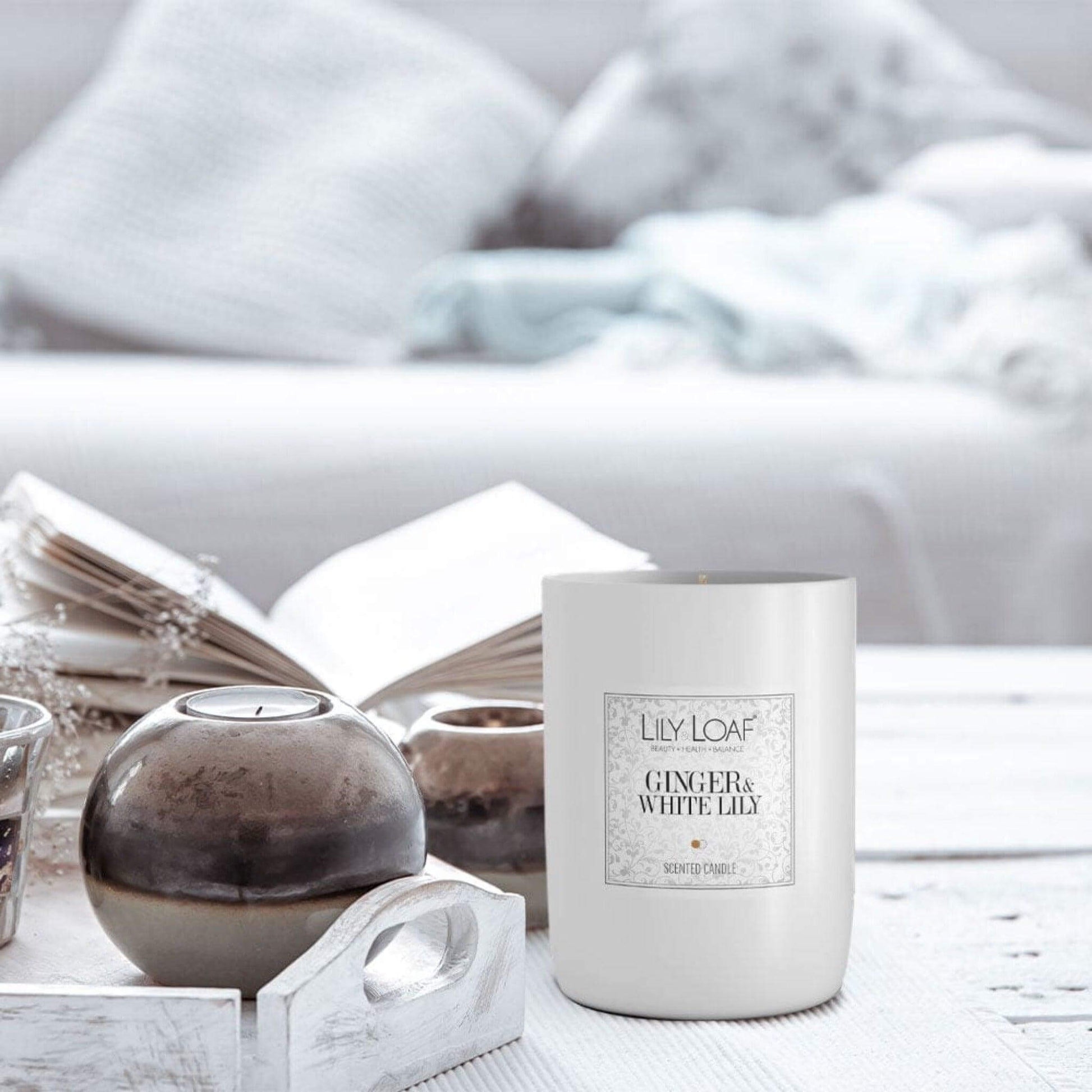 Ginger and White Lily Soy Wax Candle upon coffee table