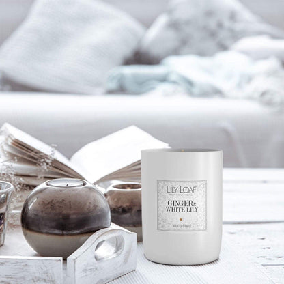 Ginger and White Lily Soy Wax Candle upon coffee table