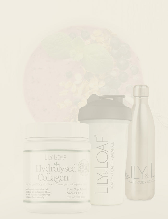 Lily & Loaf improved formula Hydrolysed Collagen next to a shaker bottle on a light background