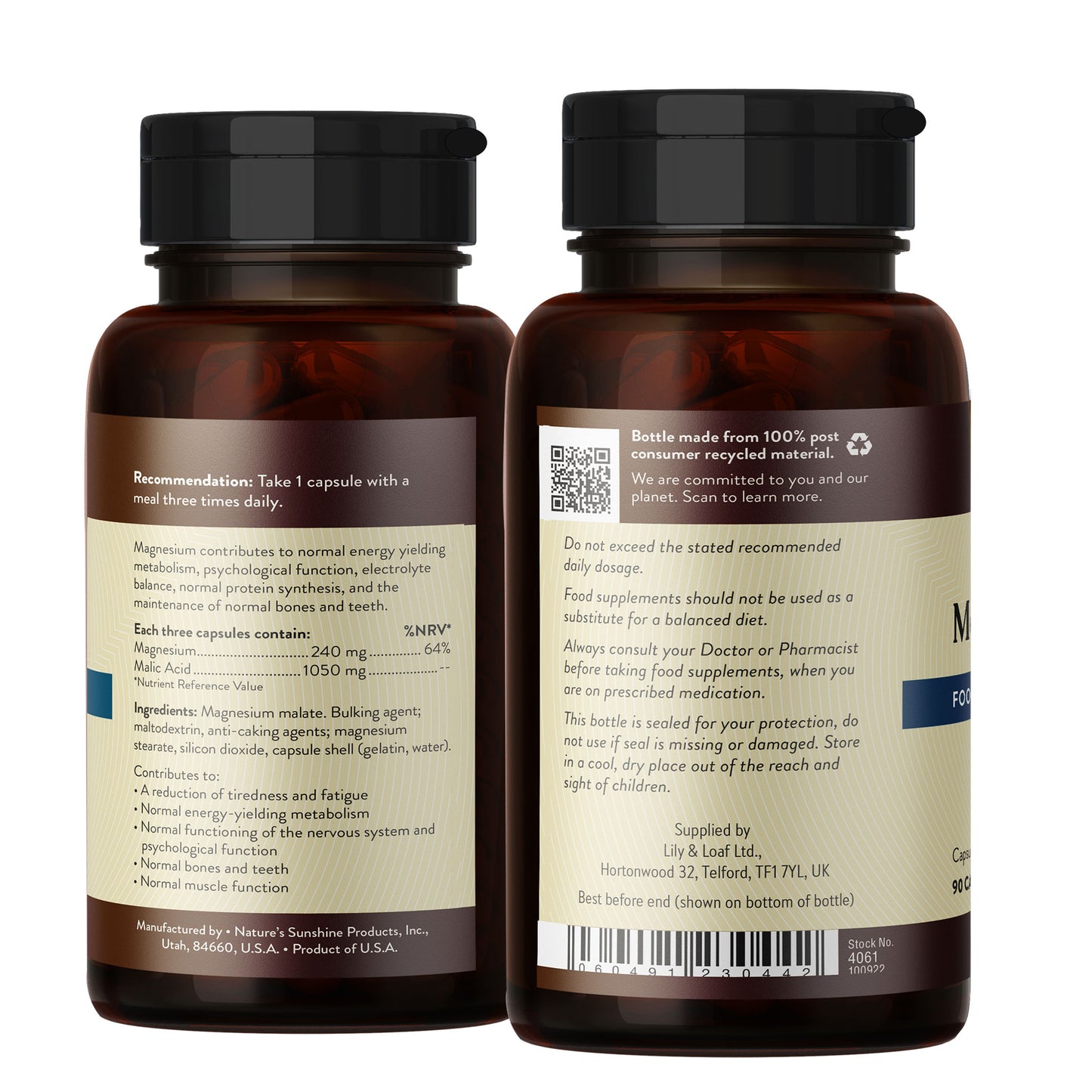 Nature’s Sunshine Magnesium label highlighting the ingredients, directions for use and nutritional profile