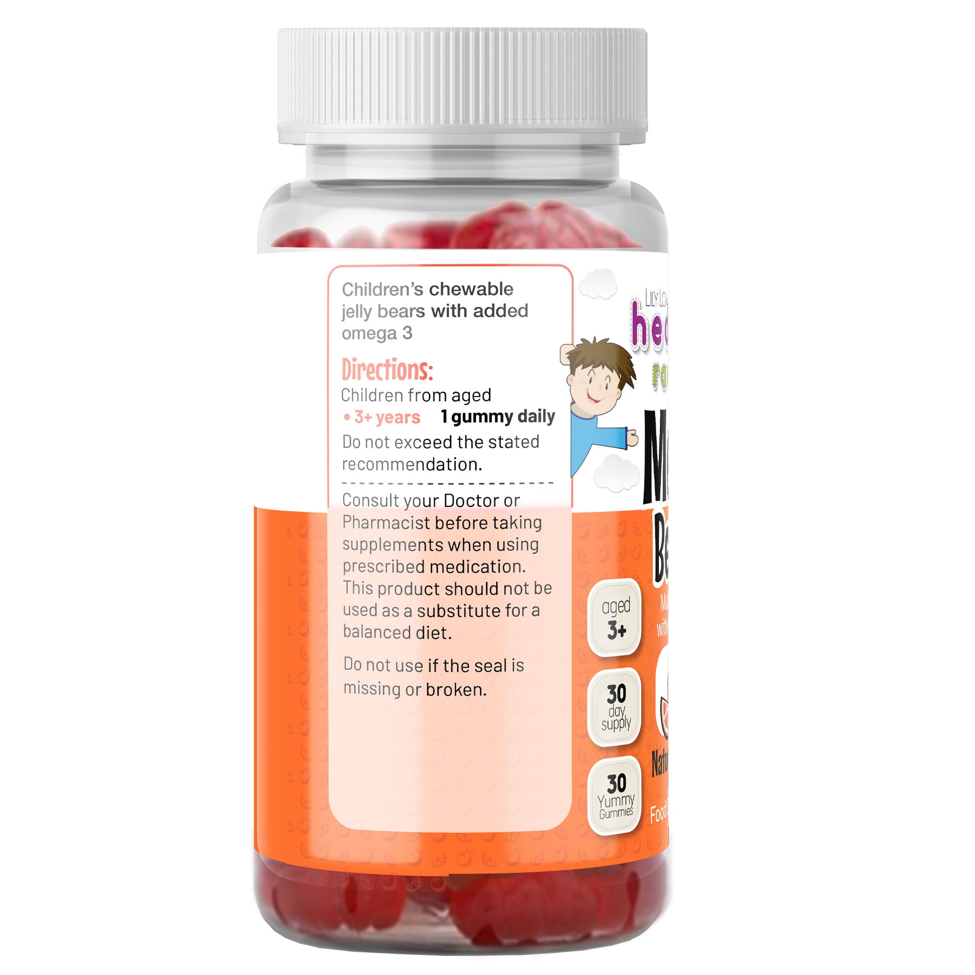 Healthy Rascals Mega Bears Gummy label highlighting ingredients, nutritional information and directions for use.