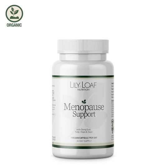 Lily & Loaf Menopause Support supplement in a white bottle, herbal blend for hormonal balance.