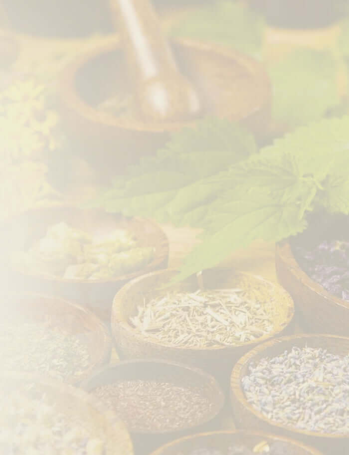A collection of dried herbs and flowers in wooden bowls for homeopathy.