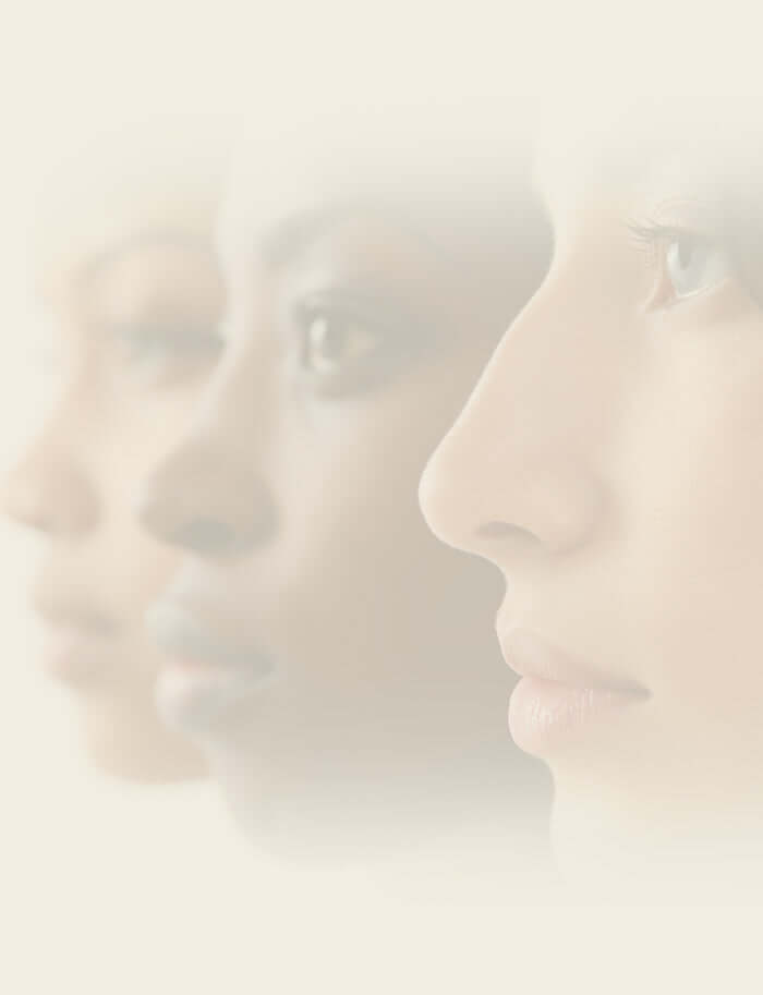 Mobile banner showing three women with clear skin in profile view, softly blended into a light background, for Green Woman skincare