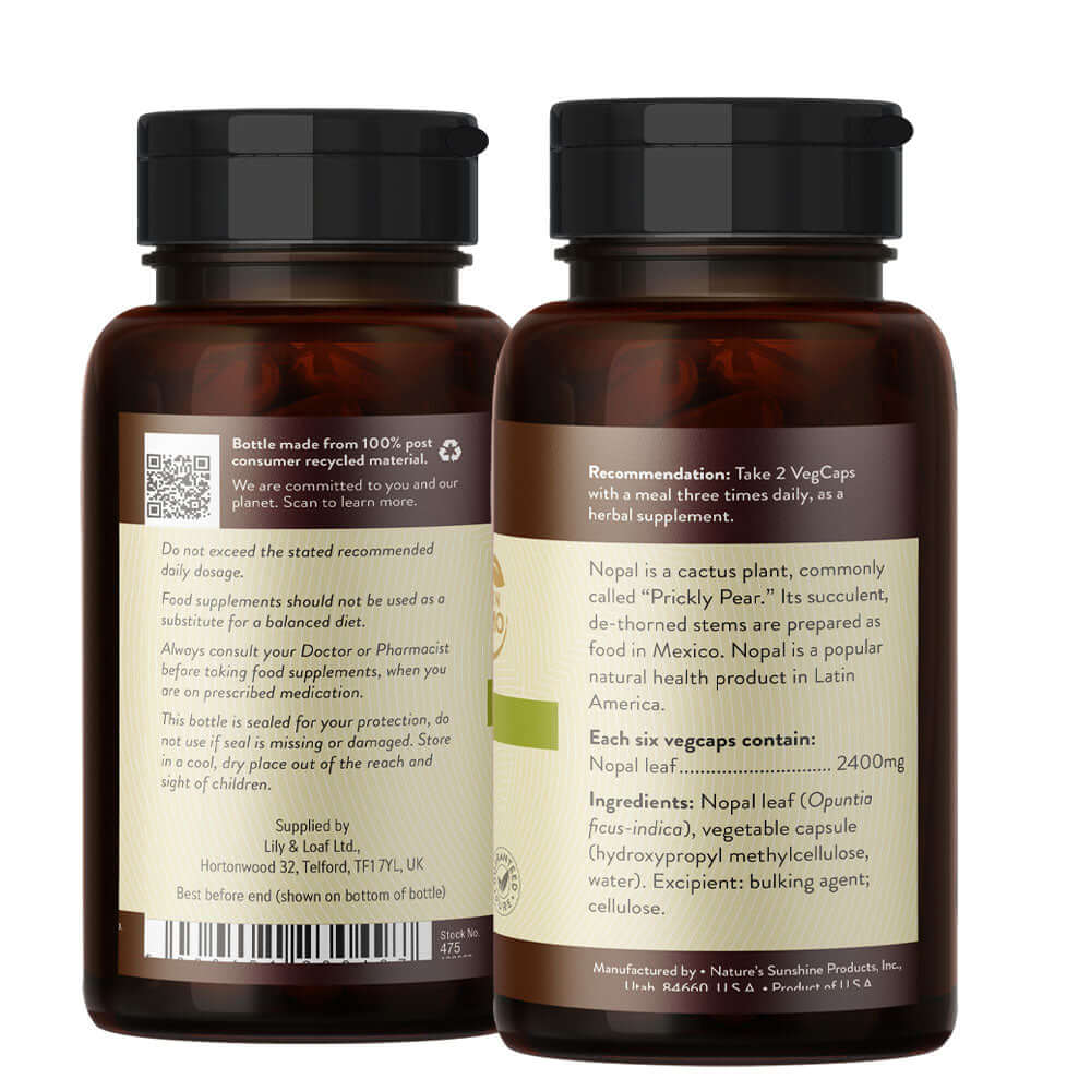 Dark amber bottle of Nature's Sunshine Nopal supplement, containing 100 non-GMO vegcaps for a 16-day supply, derived from Opuntia ficus-indica.