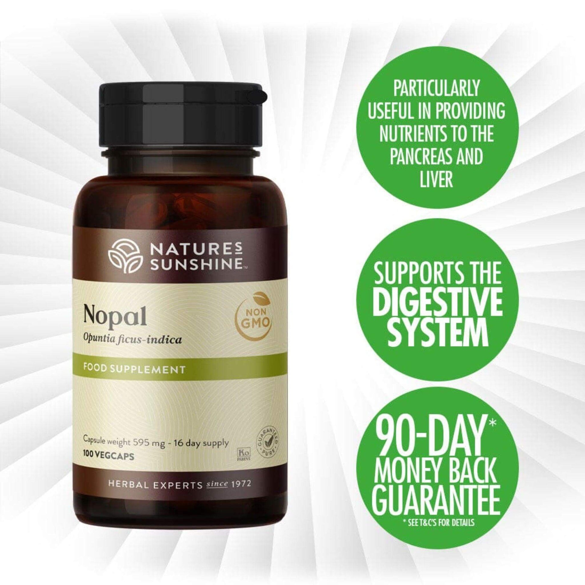 Dark amber bottle of Nature's Sunshine Nopal supplement, containing 100 non-GMO vegcaps for a 16-day supply, derived from Opuntia ficus-indica.