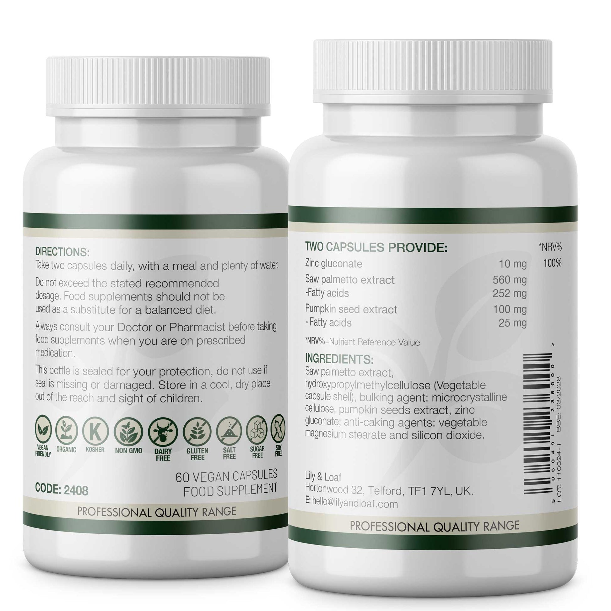 The image is of two bottles of Lily & Loaf's Organic Prostate Support dietary supplement showing the front and back labels. The back label provides detailed product information.